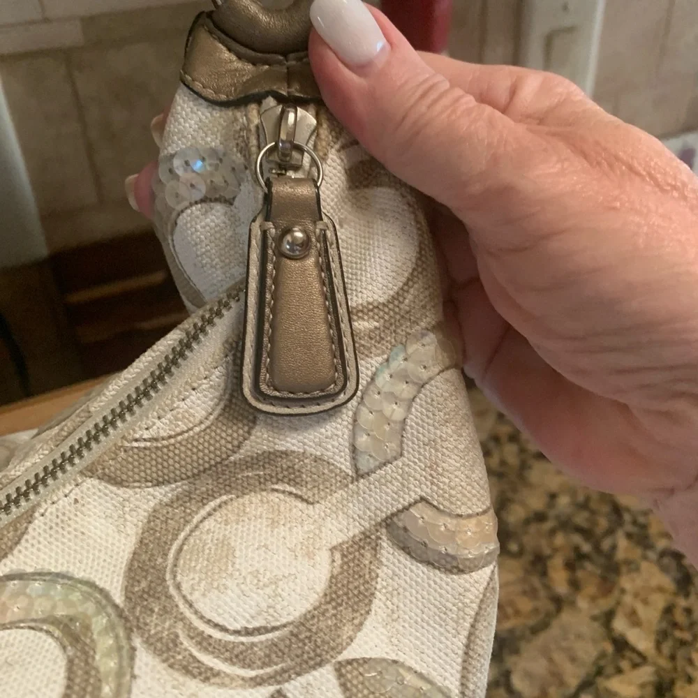 Coach Beige and Cream Double C Patterned Shoulder Bag - Picture 8 of 13